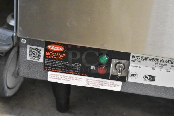 Brand new Hatco C-36 compact booster water heater, 208V, 3 Phase, with minor scratches, labels showing specs and certifications.
