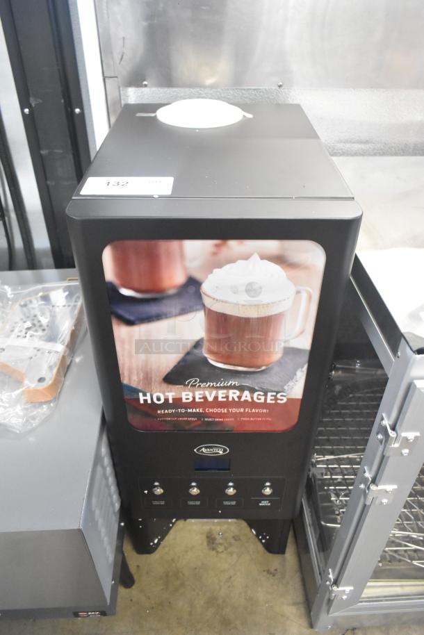 Brand new Avantco 177PBD3 cappuccino machine with three 3.7 lb hoppers, minor scratches, labeled for hot beverage selection.