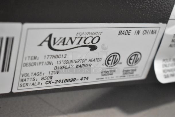 Avantco 177HDC13 heated display case label, 120V, 850W, made in China. Serial CK-241009R-474, ETL certified.