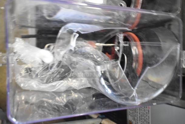 Brand new Narvon 378RBD5G3 triple 5-gallon bowl refrigerated beverage dispenser in clear plastic wrap, slight dent.