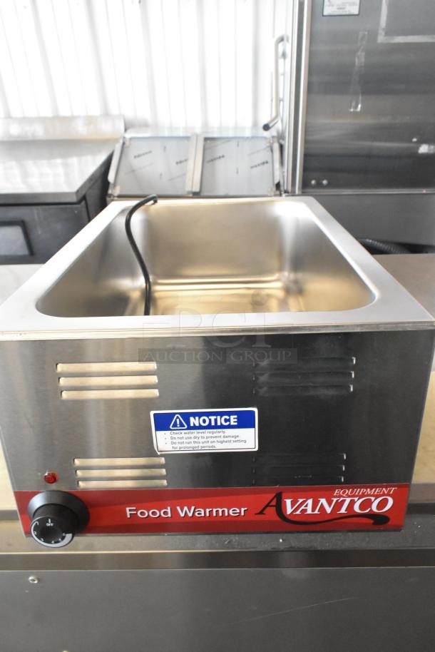 Brand new Avantco 177W50 countertop food warmer, 120V, with minor scratches. Features control knob and notice label.