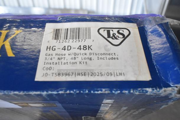 BRAND NEW SCRATCH AND DENT! T&S HG-4D-48K 48" gas connector hose in yellow, 3/4" NPT, with FreeSpin fitting, installation kit.