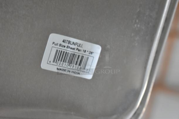 Aluminum bun pan labeled "407BUNFULL Full Size Sheet Pan 18 x 26," made in India. Brand new condition, part of 13-item set.