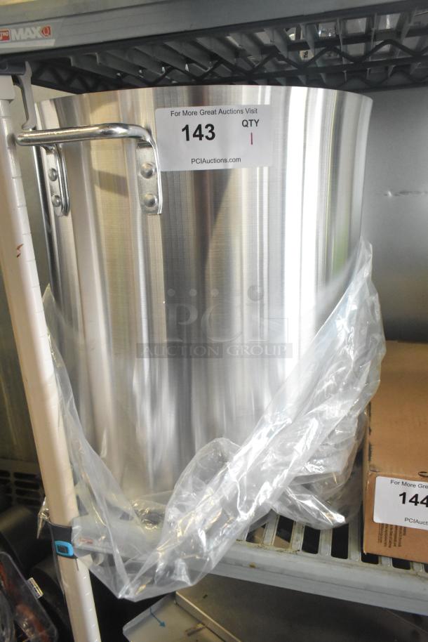 BRAND NEW Choice 471SP60QTHD 60 Qt. aluminum stock pot, heavy weight, slight dent, auction tag #143 visible.