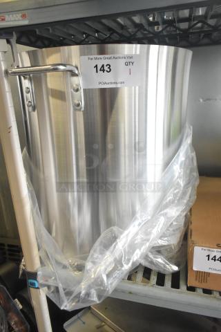 BRAND NEW Choice 471SP60QTHD 60 Qt. aluminum stock pot, heavy weight, slight dent, auction tag #143 visible.