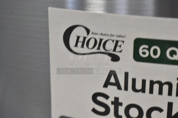 Brand new Choice 471SP60QTHD 60 Qt. heavy weight aluminum stock pot, labeled "scratch and dent," partially shown.