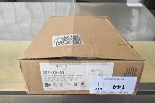 Box of a BRAND NEW SCRATCH AND DENT! Equip by T&S 5EF-1D-DS hands-free sensor faucet, ADA compliant, labeled on the side.