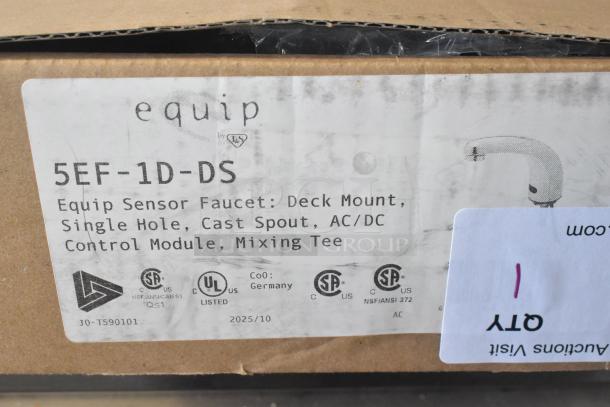 BRAND NEW SCRATCH AND DENT! Equip 5EF-1D-DS hands-free sensor faucet, deck mounted, cast spout, ADA compliant. Box label shows model.