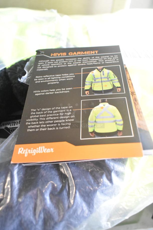 Brand new RefrigiWear HiVis jackets with retro reflective panels. Includes tags detailing visibility features.