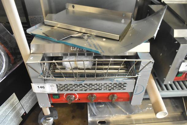 Brand new Avantco 184T3600B conveyor toaster, 14.5" wide, 3" opening, 3600W. Slight scratches and dents visible. Model label present.