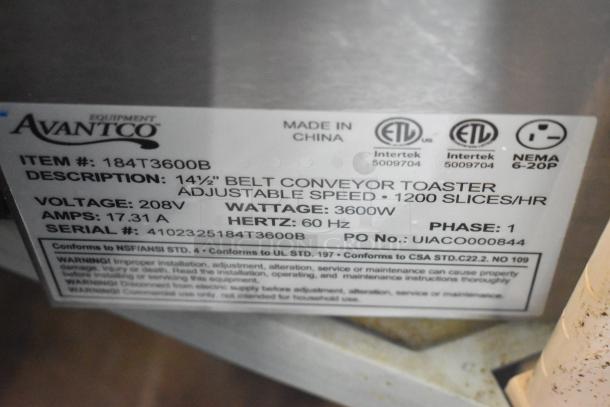 Brand new Avantco 184T3600B conveyor toaster, 14.5" wide, 3600W, 1200 slices/hr, 208V, 1 phase, minor scratches.