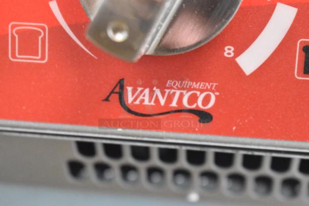 Avantco 184T3600B conveyor toaster, red control panel, brand logo, features toast setting icons.