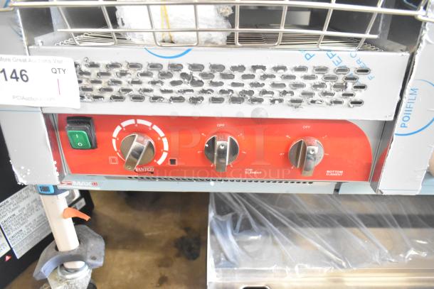 Brand new Avantco 184T3600B commercial conveyor toaster, 14.5" wide, 3600W, with 3" opening. Control panel shown.