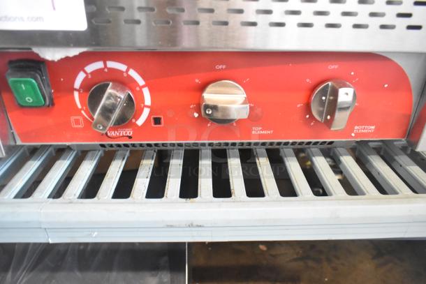 Brand new Avantco 184T3600D conveyor toaster, 14.5" wide, 3" opening, controls visible. Scratch and dent condition.