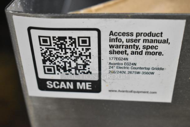 QR code label on Avantco 177EG24N 24" electric countertop griddle, includes product info and specifications.