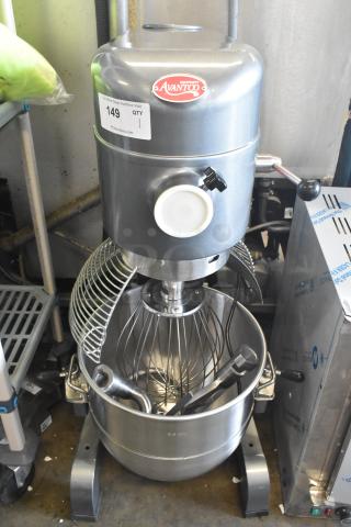 Brand new Avantco MX40H commercial dough mixer with bowl, bowl guard, paddle, whisk, and dough hook. 240V, 1 phase.