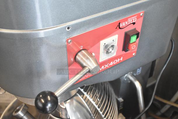 Avantco MX40H commercial floor dough mixer, new condition with operation panel close-up. Includes bowl, guard, and attachments.