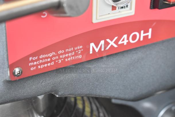 Brand new Avantco MX40H commercial dough mixer panel with speed settings warning. Includes bowl and attachments. 240V, 1 phase.