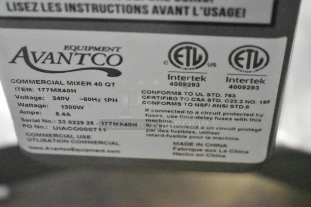 Avantco MX40H commercial mixer label showing specs: 240V, 60Hz, 1300W, 5.4A. Serial No: 33 0229 25. ETL certified.