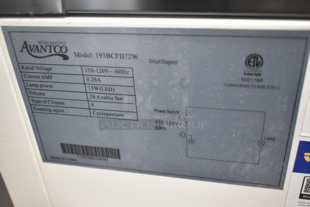 Avantco 193BCFD72W display case label detailing 110-120V, 0.26A, 15W LED, 28.6 cu ft. Cyclopentane foam, ETL certified.