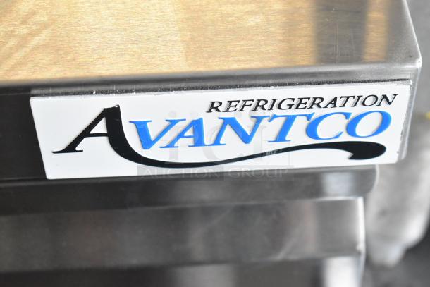 Avantco 178SSUC48RHC Commercial 2 Door Work Top Cooler, stainless steel, commercial casters, 115V, 1 Phase, label shown.