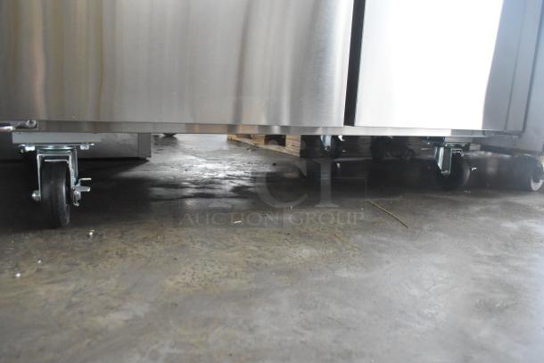 Avantco 178SSUC48RHC 2 Door Work Top Cooler, stainless steel, on commercial casters, 115V, 1 Phase.