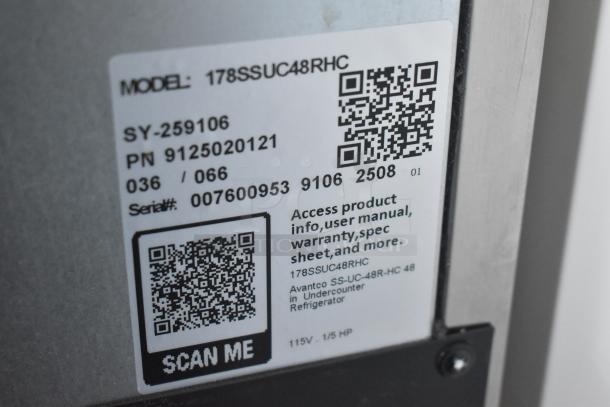 Avantco 178SSUC48RHC 2-Door Work Top Cooler label, showing model, serial number, and QR code for product info.