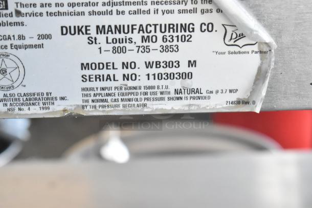 Duke Aerohot WB303 M steam table label, showing model, serial number, and specifications. 115 volts, 1 phase.
