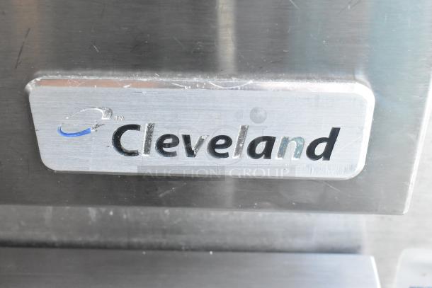 2016 Cleveland 24CGA10.2 steam cabinet nameplate, stainless steel finish, showing brand logo engraving.