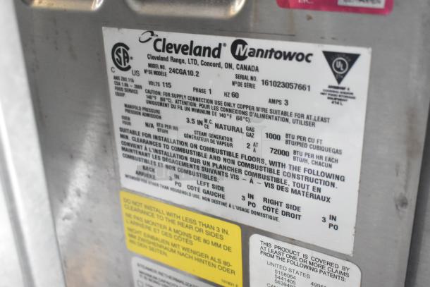 2016 Cleveland 24CGA10.2 steam cabinet label showing electrical and gas specifications, including 72,000 BTU capacity.
