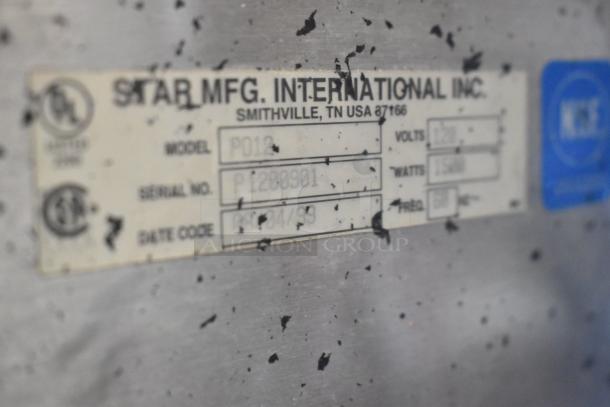 Label on Star P012 countertop electric pizza oven, 120V, 1 phase, Model P012, Serial P1208901, Date Code 04/99.