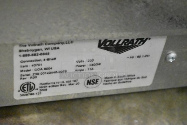 Vollrath Cayenne COA 8004 convection oven label, 230V, 2400W, 11A, 4-shelf, NSF certified, made in South Africa.