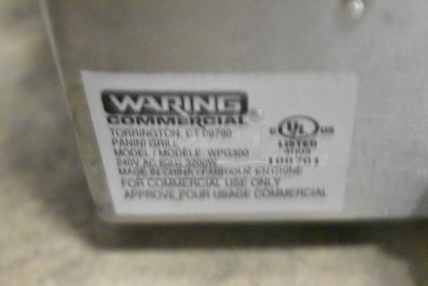 Waring WPG300 Double Panini Press, 240V, Model WPG300, commercial use, label showing specifications and certification marks.