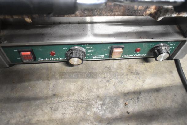 Waring WPG300 countertop double panini press with temperature dials, 240 volts, 1 phase, model WPG300, used condition.