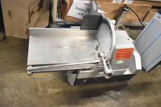 Bizerba commercial countertop meat slicer stacker, 115V, 1 phase. Features stainless steel tray and blade, "Do Not Hose" label.
