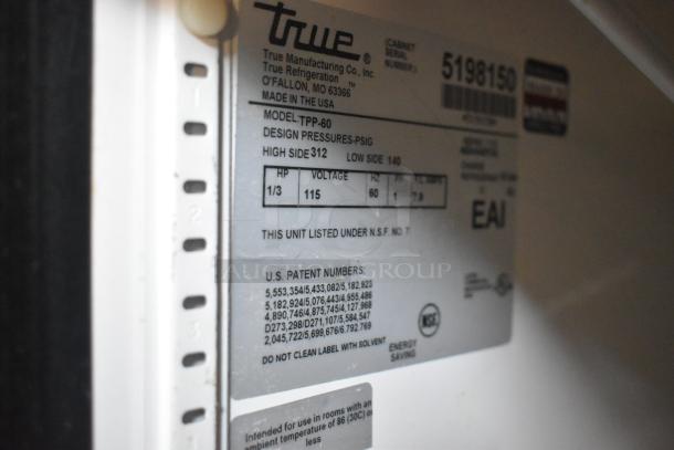 True TPP-60 commercial pizza prep table label. Model: TPP-60. Voltage: 115. NSF listed. Made in the USA.