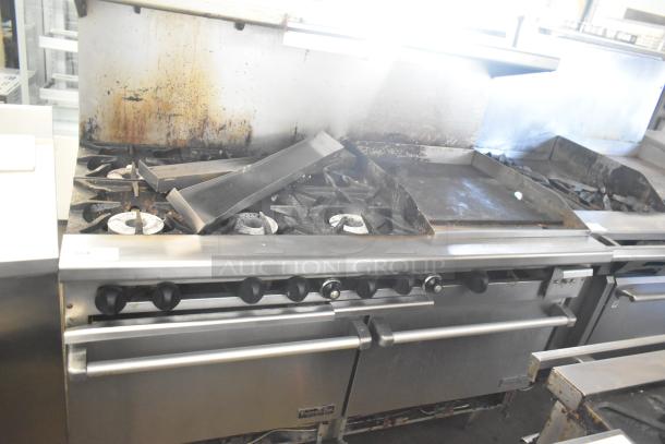 ThermaTek commercial gas range with 6 burners, flat top griddle, and 2 ovens. Stainless steel, used condition.
