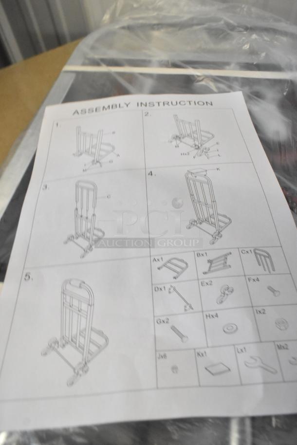 Assembly instruction sheet for a brand new scratch and dent cart, showing steps and parts list. Plastic packaging visible.