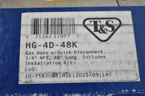 T&S HG-4D-48K Safe-T-Link 48" yellow gas hose, 3/4" NPT, quick disconnect, includes installation kit, new with scratch and dent.