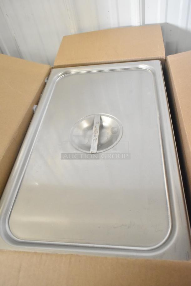 Box of 24711SLD Vigor full-size solid stainless steel steam table pan cover, brand new with minor scratches.