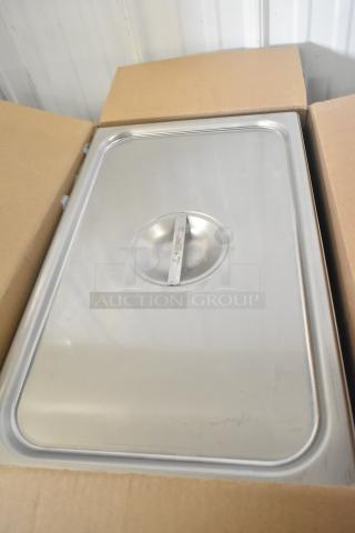Box of 24711SLD Vigor full-size solid stainless steel steam table pan cover, brand new with minor scratches.