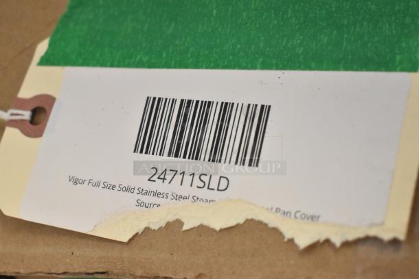 Box with Vigor 24711SLD Stainless Steel Steam Table Pan Covers. Label shows product name and barcode. New condition, minor scratches.