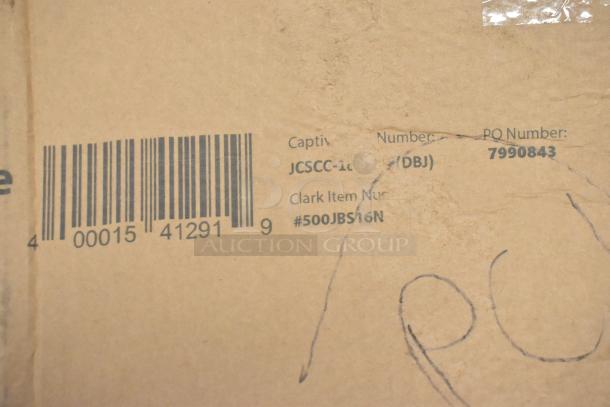 Alt text: 
Clark 500JBS16N Captiva Containers box label with barcode and item number, indicating 16 oz. PET bottles, 160 per case.