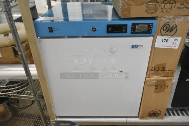 Brand new Summit ACR161WNSF456 medical refrigerator, 1.58 cu. ft., white/blue, EQTemp with temperature monitoring, minor scratches.