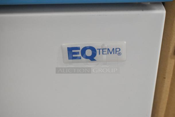 Summit ACR161WNSF456 compact medical refrigerator, white/blue, 1.58 cu. ft., EQTemp label visible, scratch and dent condition.