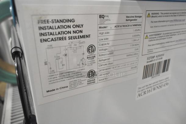 Brand new Summit Appliance ACR161WNSF456 compact medical refrigerator, 1.58 cu. ft., temperature-monitored, white/blue.