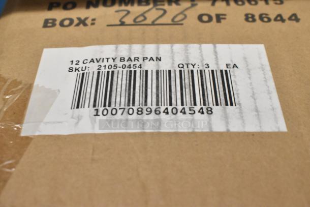 3 new Wilton 191002412 non-stick brownie pans, 12-compartment, steel, 2.5"x2.5"x1.5" cavities. Box of 3, SKU 2105-0454.