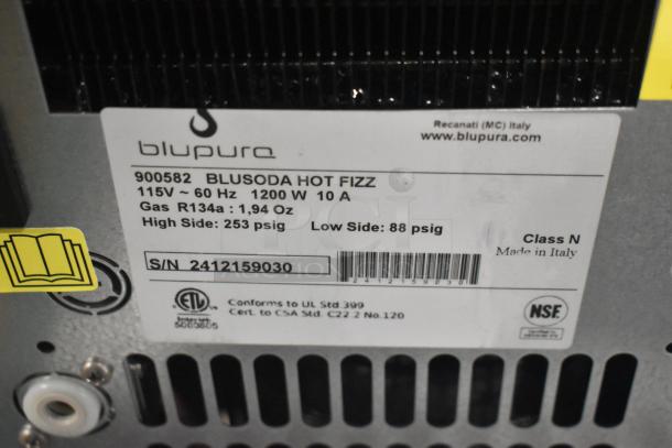 BRAND NEW Zurn Elkay DSBSH130UVPC Dispenser label showing specs: 115V, 1.5 GPH, hot/chilled/sparkling water options.