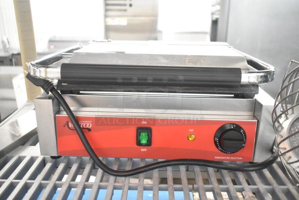 2023 Avantco 177PG200S Panini Grill, smooth plates, 13 3/8" x 8 3/4" surface, 120V, brand new with minor scratches.