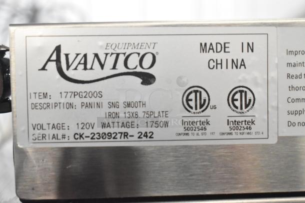 Avantco 177PG200S Commercial Panini Grill, smooth plates, 13 3/8" x 8 3/4", 120V, 1750W, new, ETL listed, made in China.